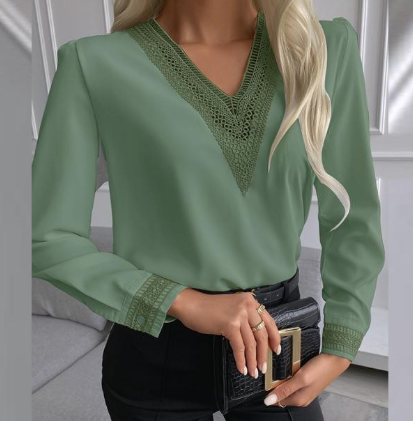 Long Sleeve V-Neck Guipir Lace Women's Blouse (One Piece)
