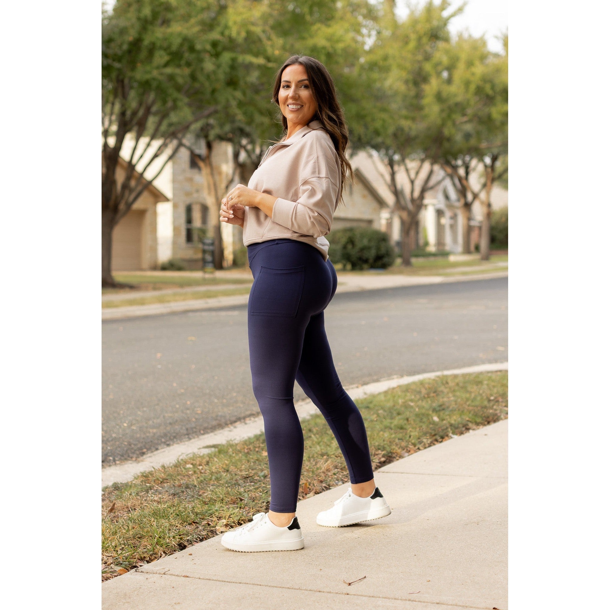 Nadia - Navy Crossover Full Length Leggings with Pockets
