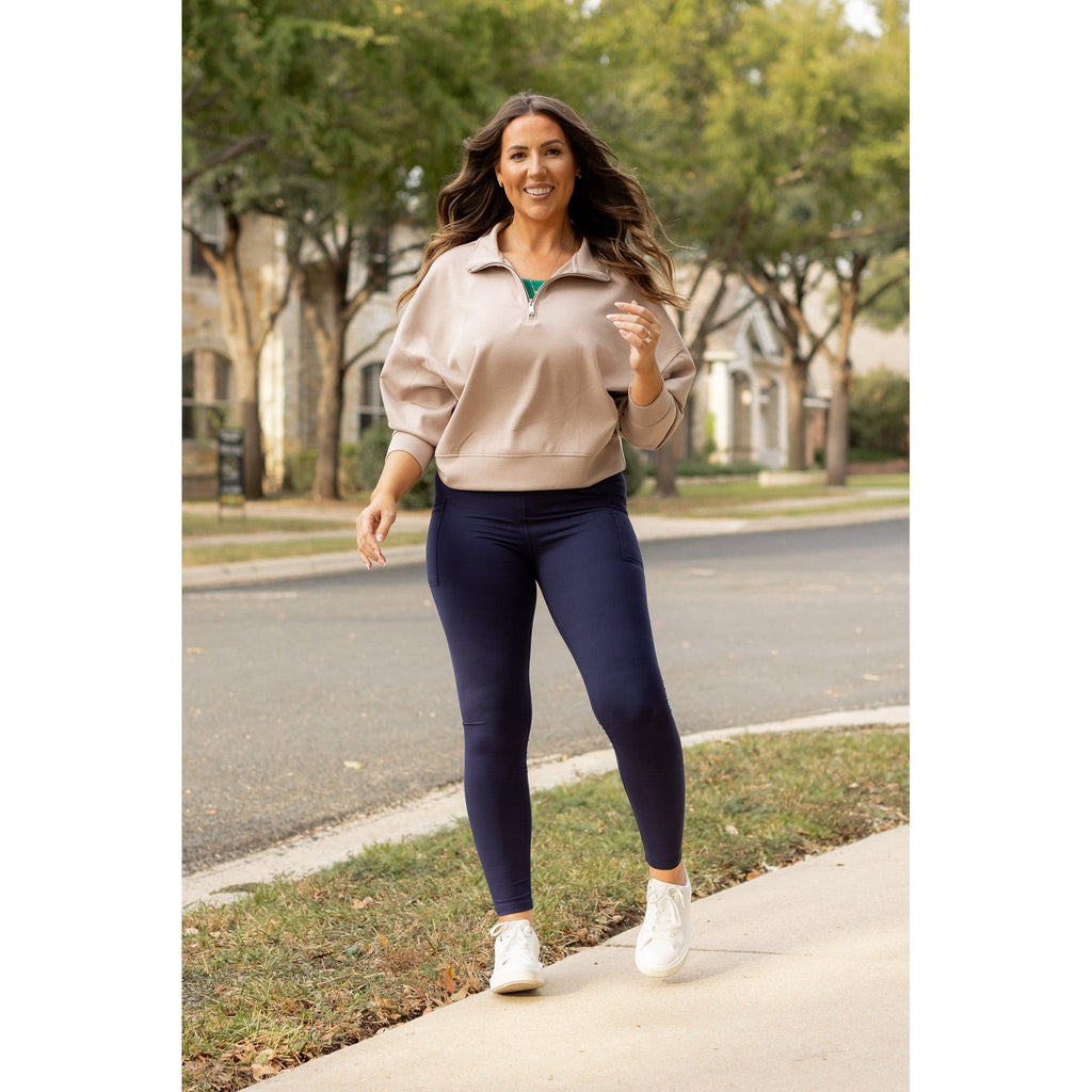 Nadia - Navy Crossover Full Length Leggings with Pockets