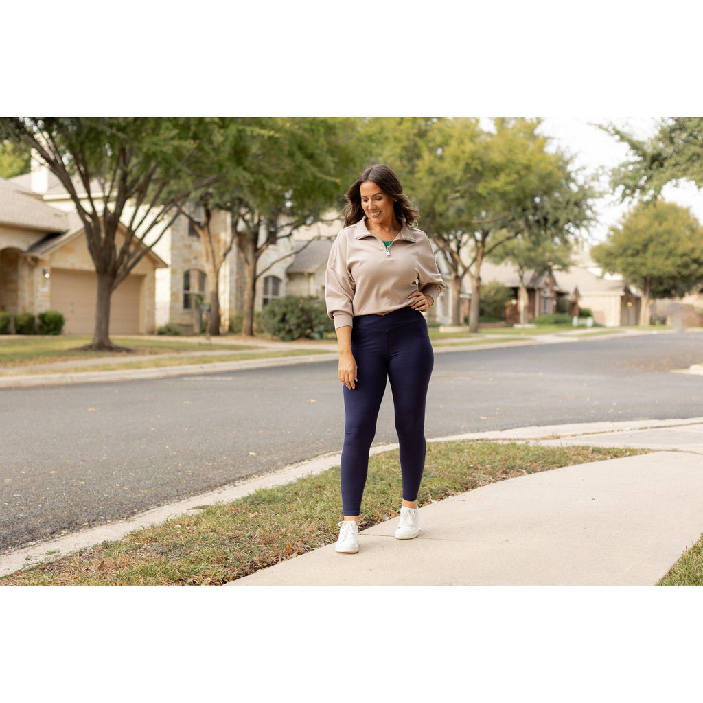 Nadia - Navy Crossover Full Length Leggings with Pockets