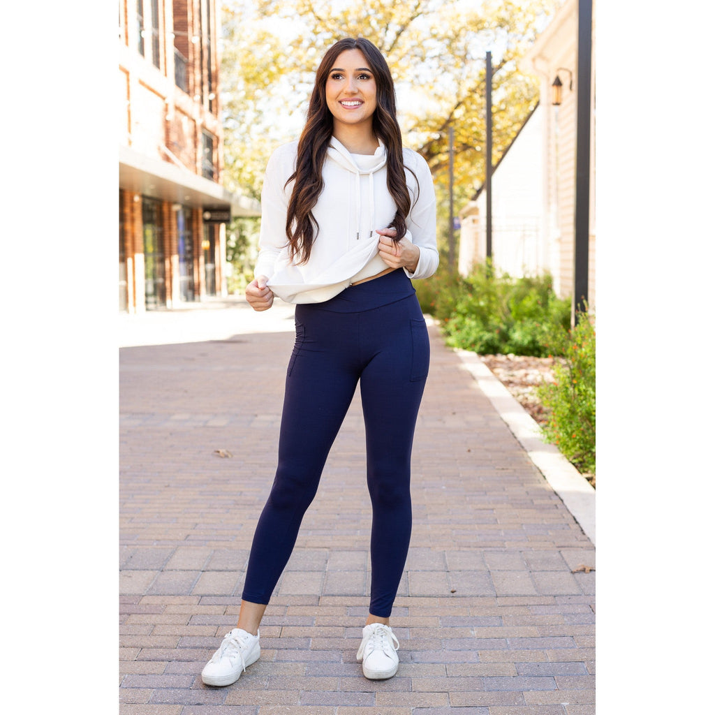 Nadia - Navy Crossover Full Length Leggings with Pockets