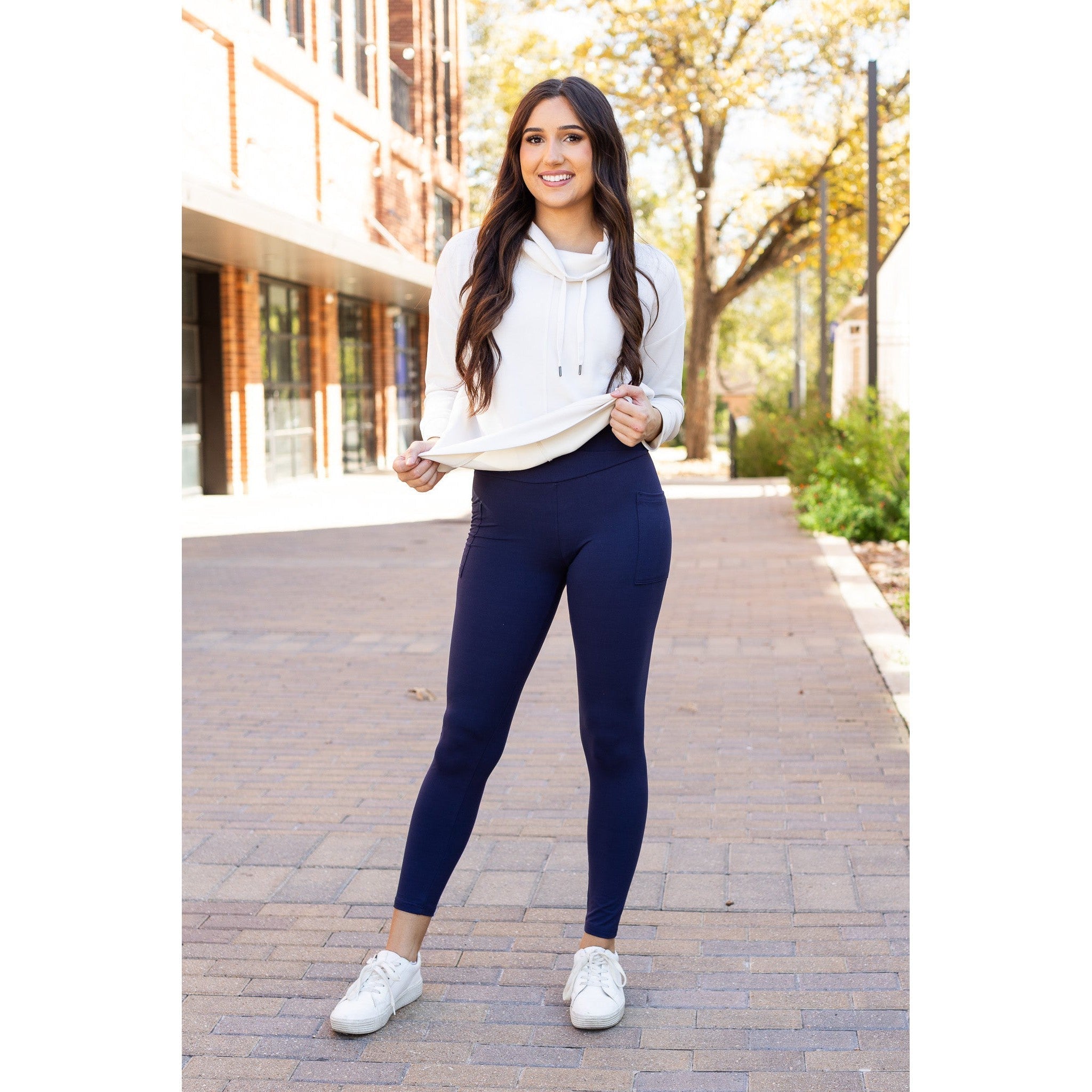 Nadia - Navy Crossover Full Length Leggings with Pockets