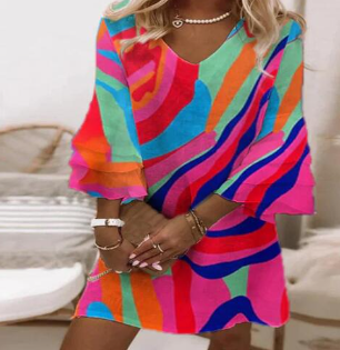 Dress with Bell Sleeves and Multicolor Print