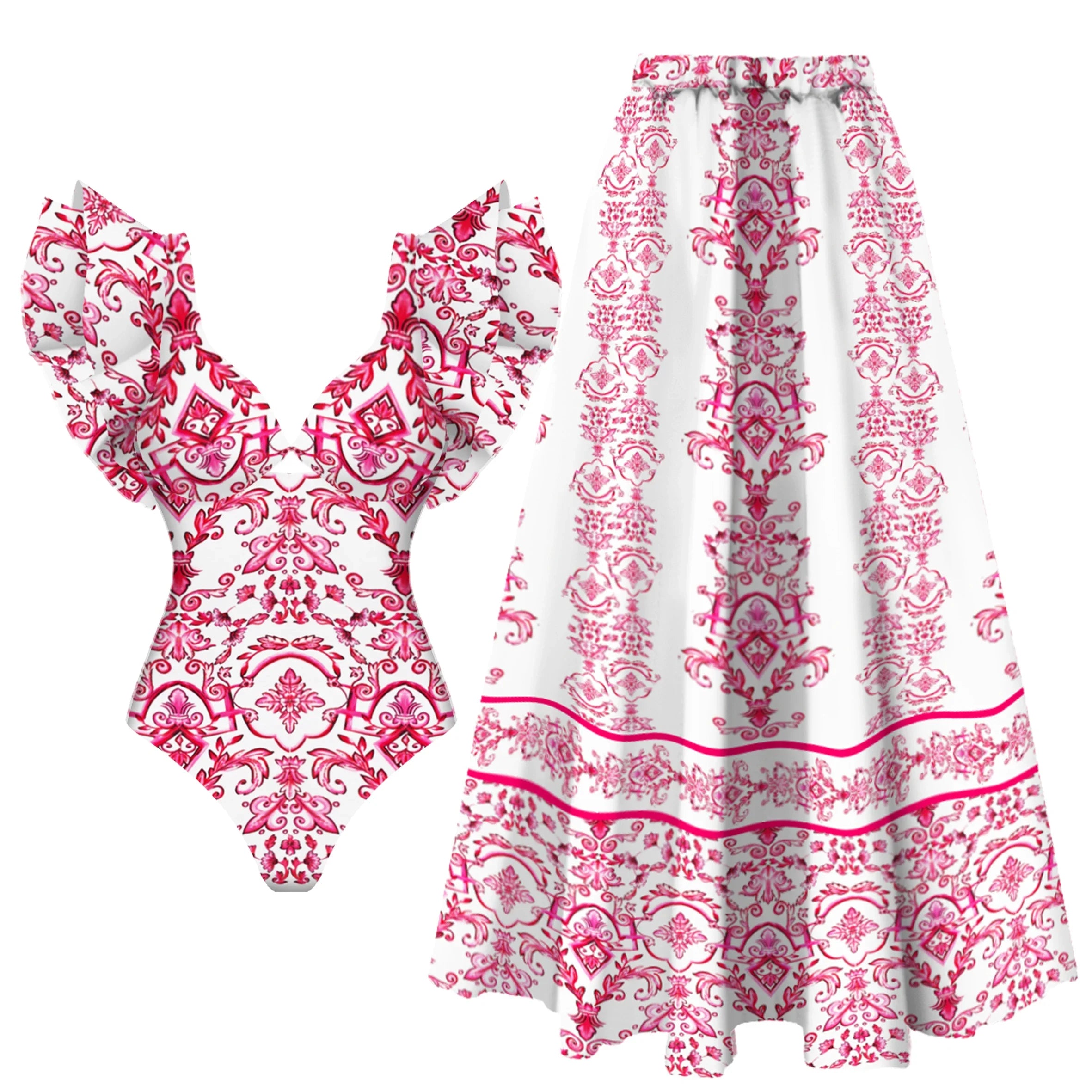 2-Piece Shoulder Ruffle Swimsuit With Cover Up Sexy Beachwear